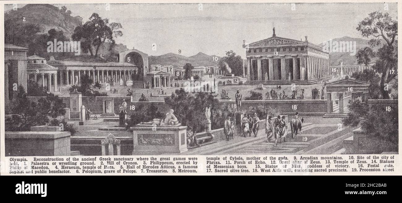 Vintage illustration of Olympia - Reconstruction of the ancient Greek sanctuary where the great games were held 1930s. Stock Photo