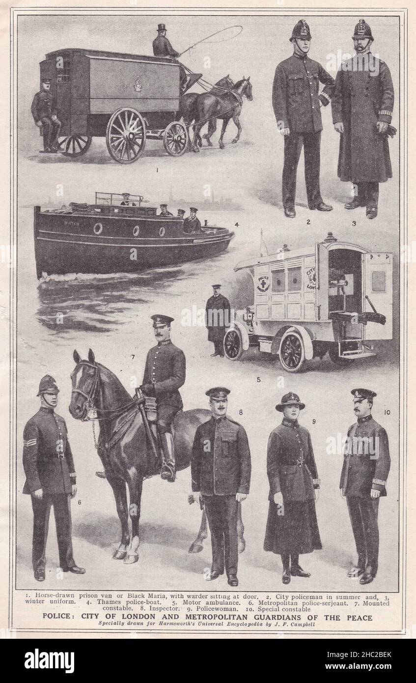 Vintage illustrations of the Police: City of London and Metropolitan Guardians of the Peace 1930s. Stock Photo