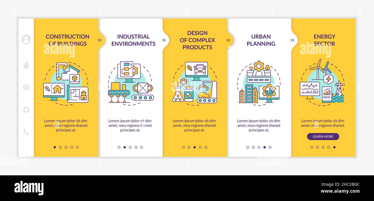 Digital twin use situations yellow onboarding template Stock Vector
