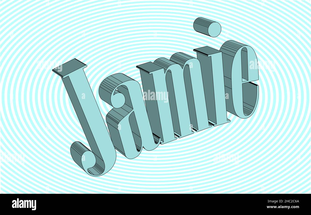 The baby boy name Jamie set over a blue and white background Stock
