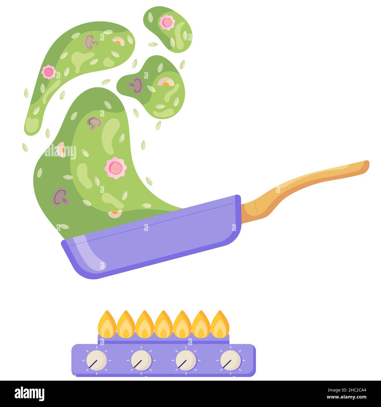 Risotto splashing out of the pan while stirring the frying dish. Rice with mushrooms, crabs standing on a stove with fire. Illustration for a cookbook Stock Vector