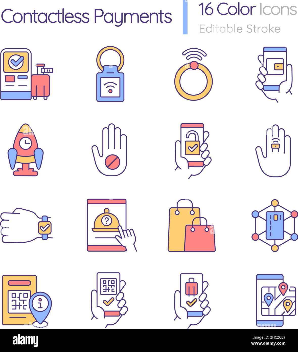 Contactless payment solution RGB color icons set Stock Vector