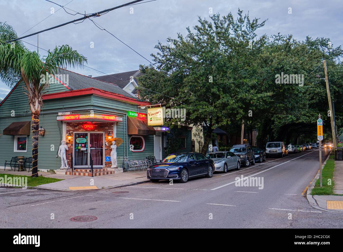 NEW ORLEANS, LA, USA - JULY 16, 2020: Vincent's Italian Cuisine on St. Charles Avenue at dusk Stock Photo