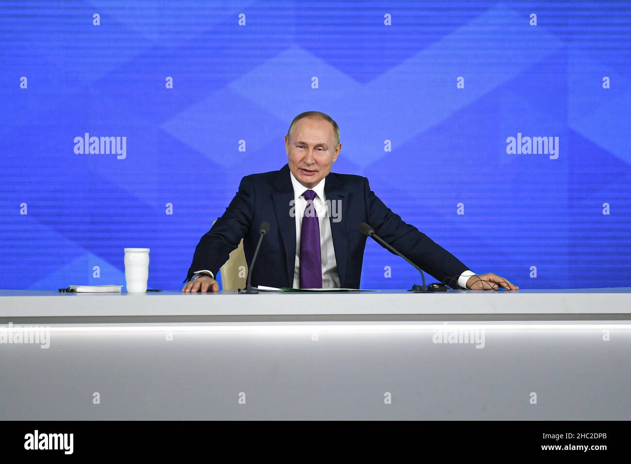 Moscow, Russia. 23rd Dec, 2021. Russian President Vladimir Putin speaks at his annual press conference in Moscow, Russia, Dec. 23, 2021. Credit: Evgeny Sinitsyn/Xinhua/Alamy Live News Stock Photo