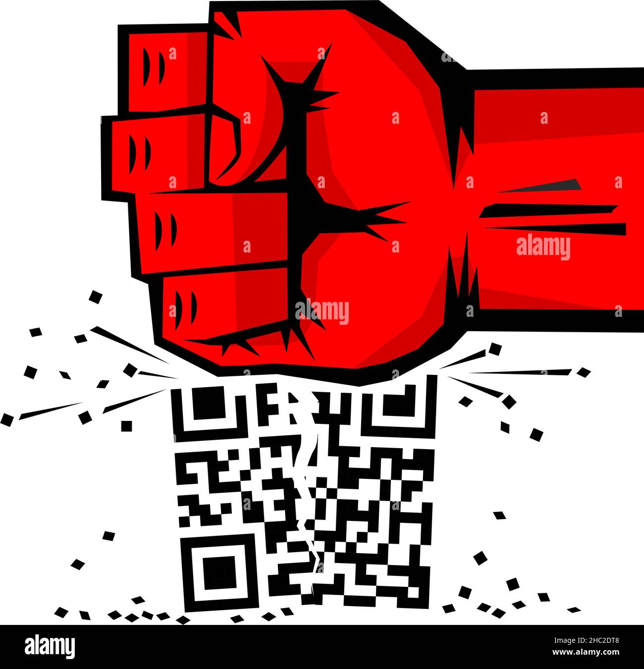 No QR-code poster. Powerful fist breaks QR code. Vector on transparent background Stock Vector