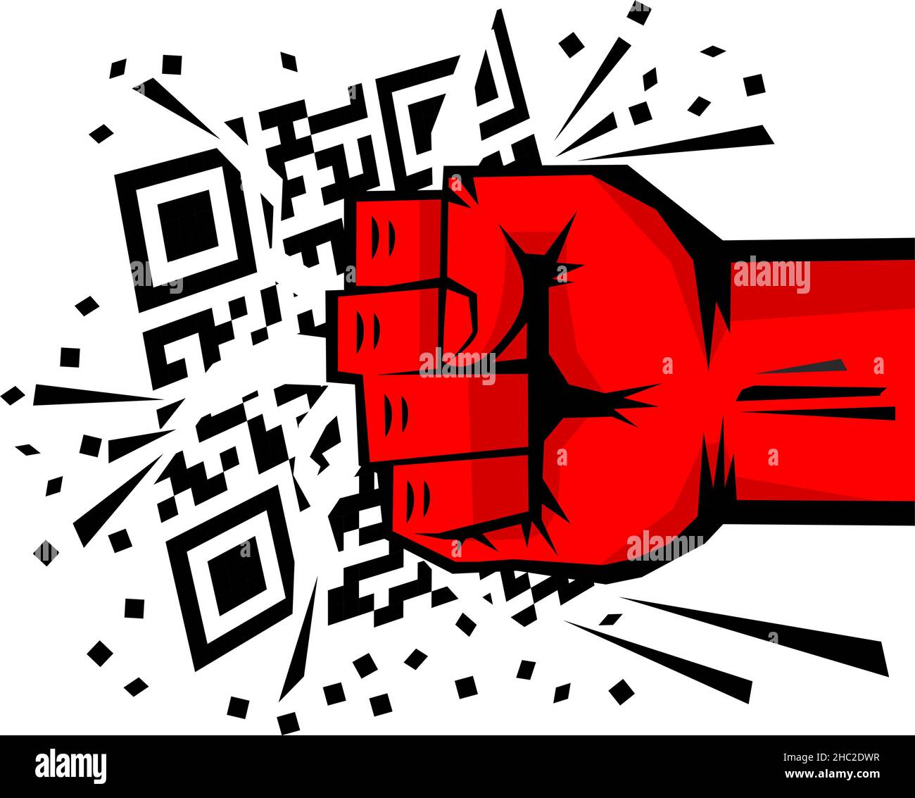 No QR-code poster. Powerful fist breaks QR code. Vector on transparent background Stock Vector