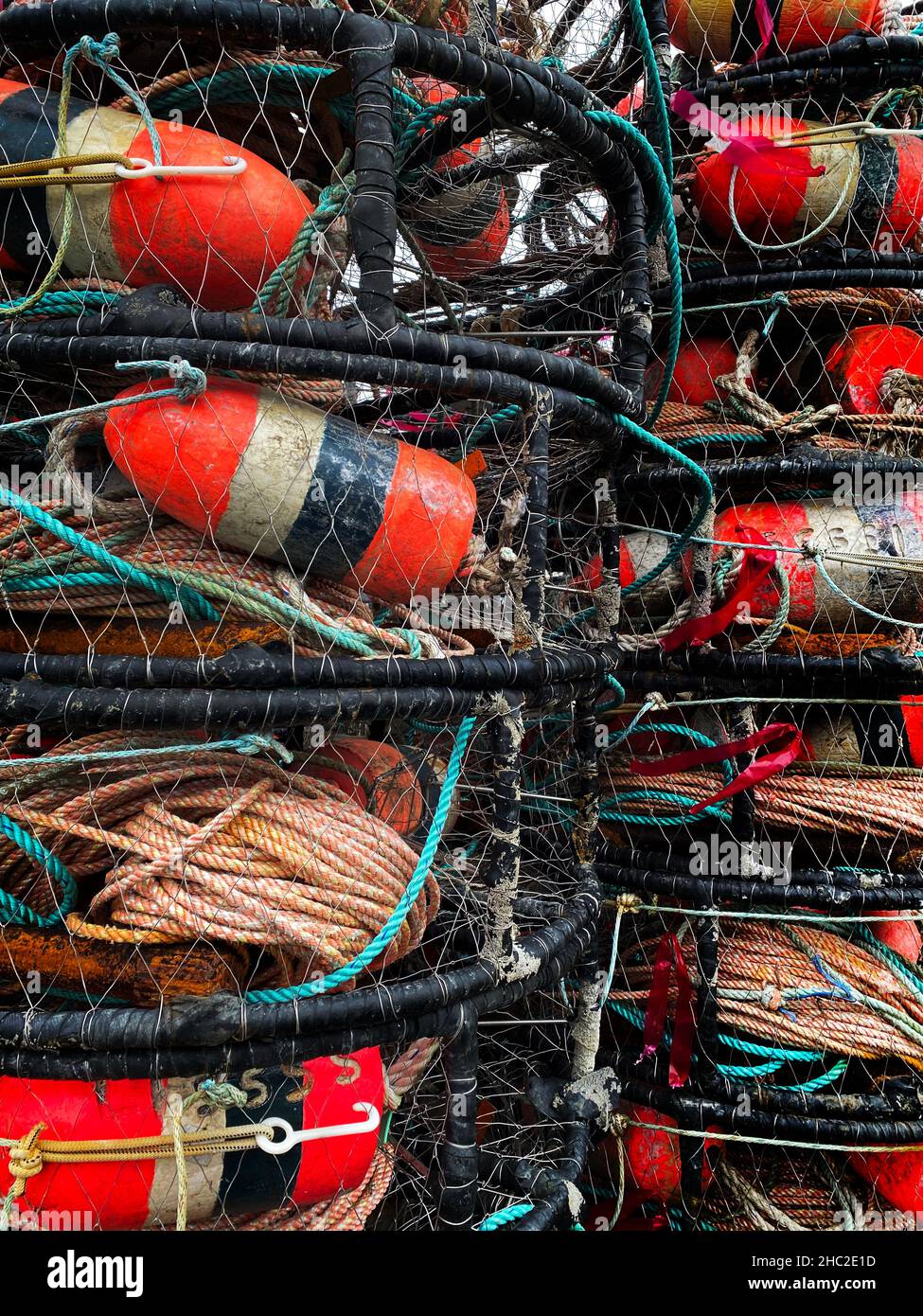 Lobster and crab traps with buoys Stock Photo Alamy