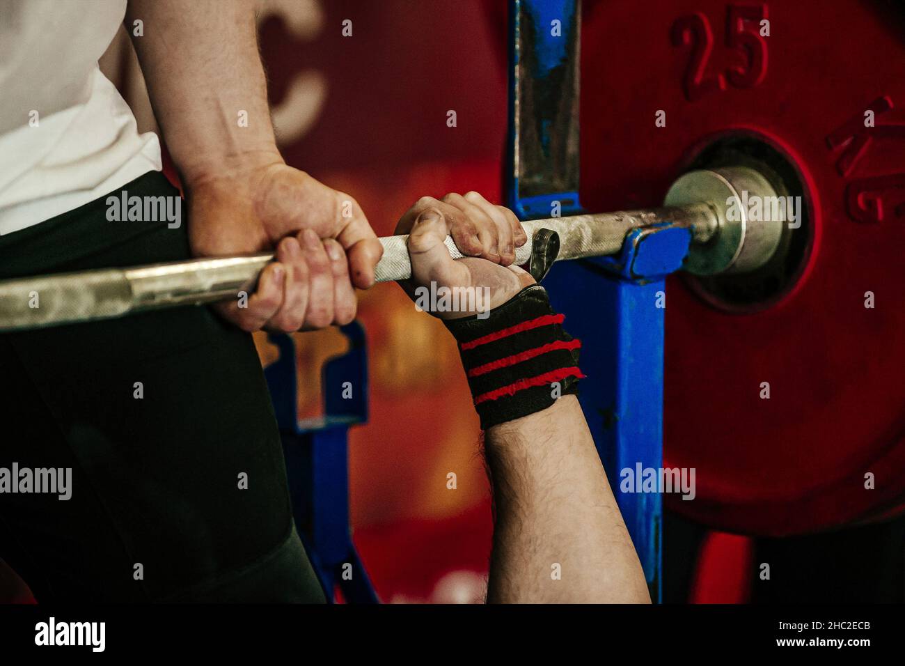 male athlete and barbell exercise bench press Stock Photo