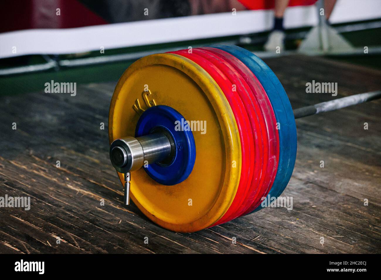 300 kg barbell for deadlift exercise on platform Stock Photo