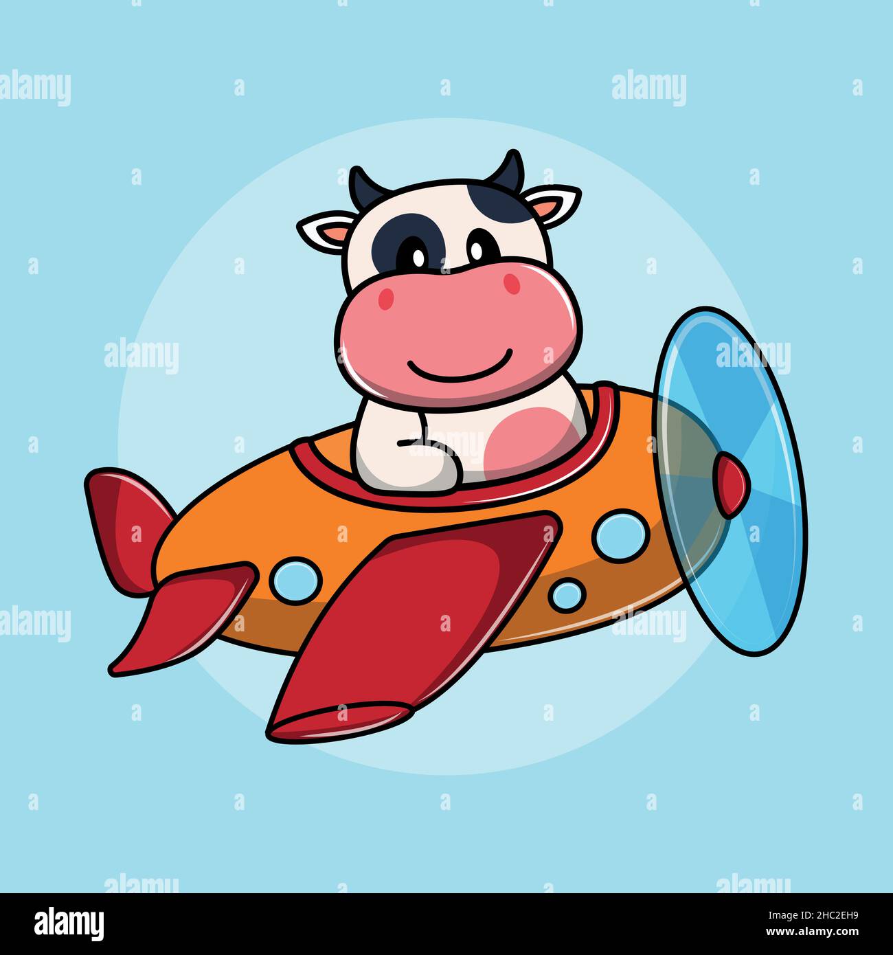 Cute cartoon baby cow is flying on a plane. Stock Vector