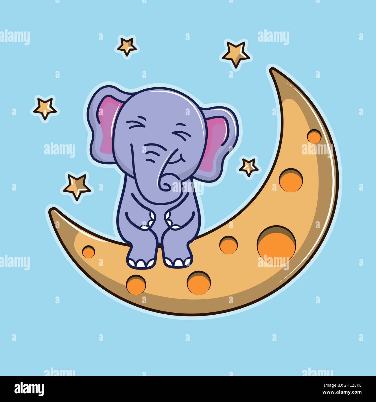 Cute cartoon baby Elephant, sitting on the moon Stock Vector Image ...