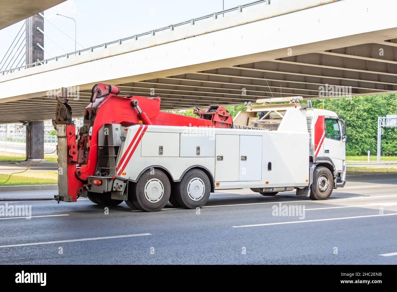 Powerful heavy duty big rig mobile tow semi truck with emergency lights