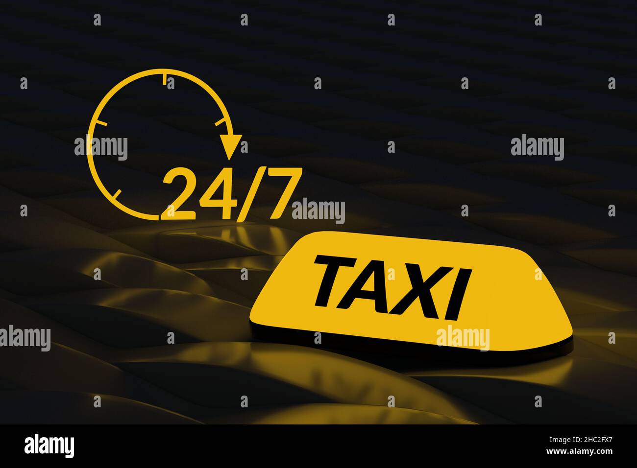 Glowing taxi symbol near inscription 24 7 on dark background. Working