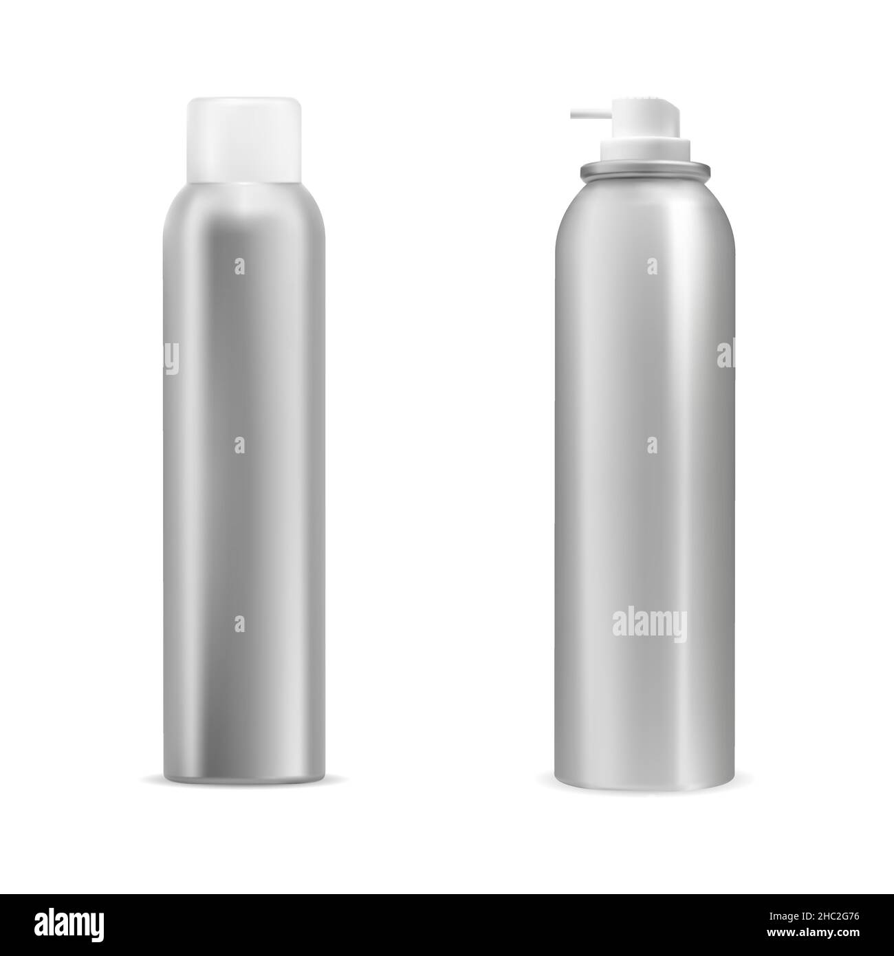 Aerosol can. Aluminum cylinder hairspray tin. Mist air freshener, toilet sprayer silver canister. Compressed shave moisture steel tin, open canister s Stock Vector