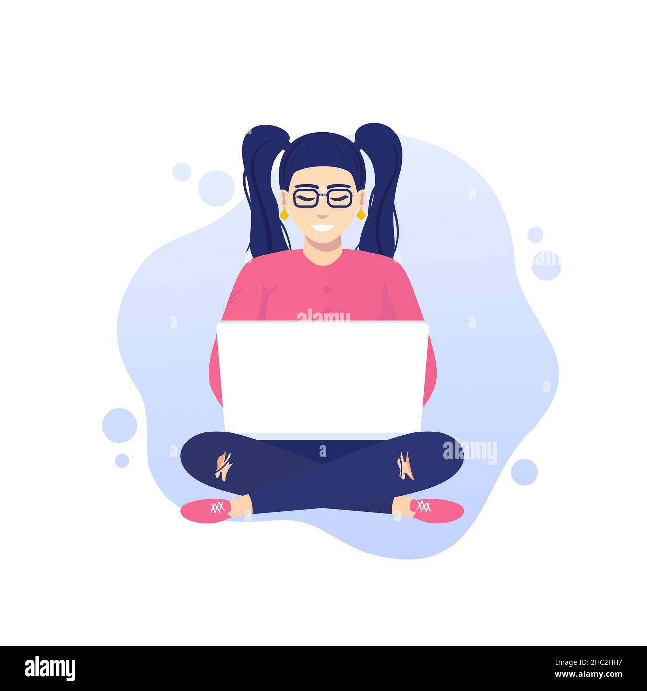 student girl with laptop sitting in lotus pose Stock Vector