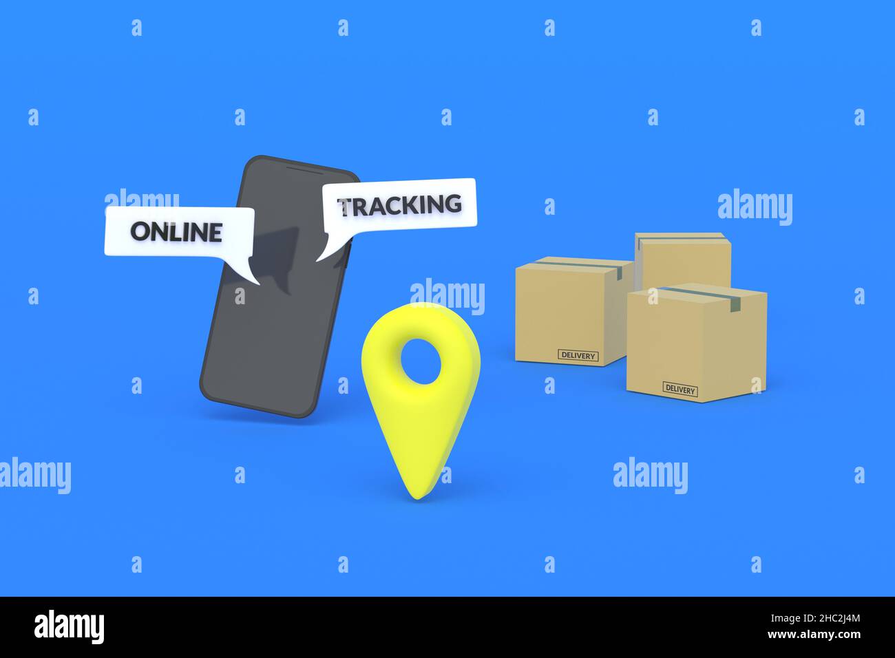 Smartphone with words online tracking near cardboard boxes and sign of