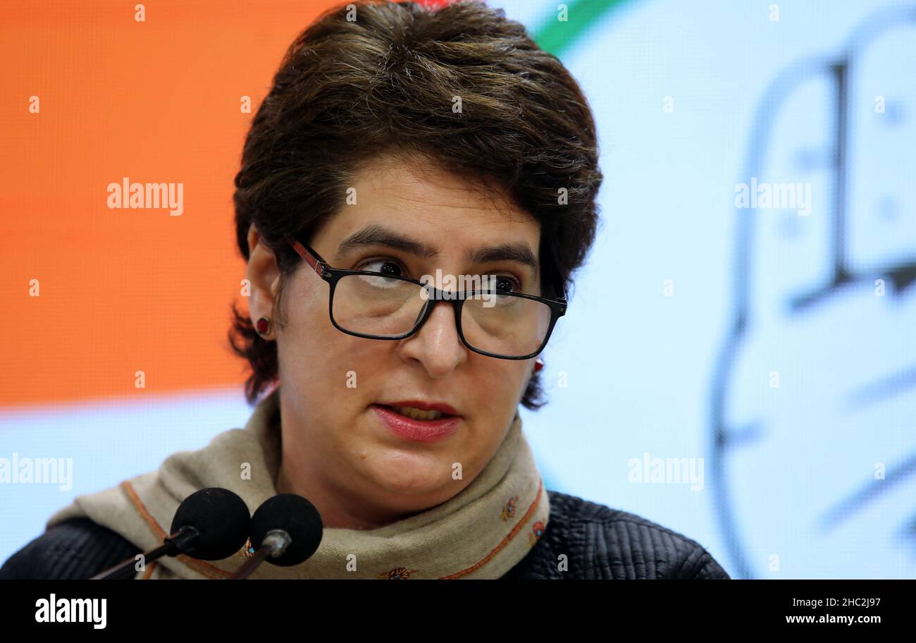 New Delhi, India. 23rd Dec, 2021. Congress General secretary Priyanka Gandhi Vadra speaks during a press conference at the Party headquarter in New Delhi. She told the media that BJP leaders, office bearers and Government officials involved in Ayodhya land scam and also added that Supreme Court take suo moto cognizance of the alleged land scam in Ayodhya. People donate for Ram Mandir Trust. Credit: SOPA Images Limited/Alamy Live News Stock Photo