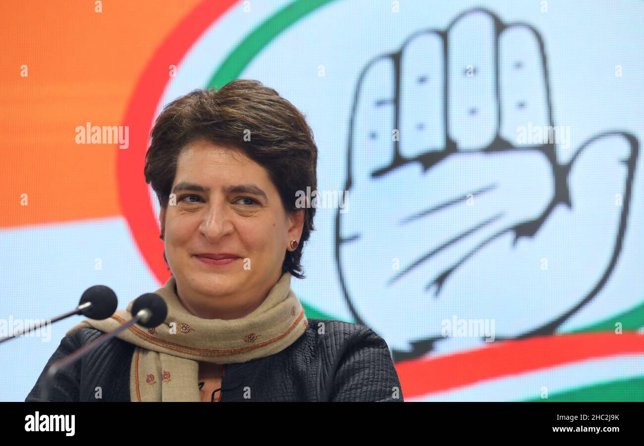 New Delhi, India. 23rd Dec, 2021. Congress General secretary Priyanka Gandhi Vadra seen during a press conference at the Party headquarter in New Delhi. She told the media that BJP leaders, office bearers and Government officials involved in Ayodhya land scam and also added that Supreme Court take suo moto cognizance of the alleged land scam in Ayodhya. People donate for Ram Mandir Trust. Credit: SOPA Images Limited/Alamy Live News Stock Photo