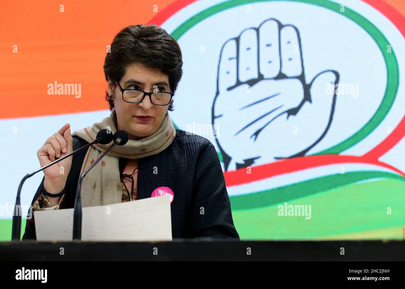 Congress General secretary Priyanka Gandhi Vadra speaks during a press conference at the Party headquarter in New Delhi.  She told the media that BJP leaders, office bearers and Government officials involved in Ayodhya land scam and also added that Supreme Court take suo moto cognizance of the alleged land scam in Ayodhya.  People donate for Ram Mandir Trust. (Photo by Naveen Sharma / SOPA Images/Sipa USA) Stock Photo