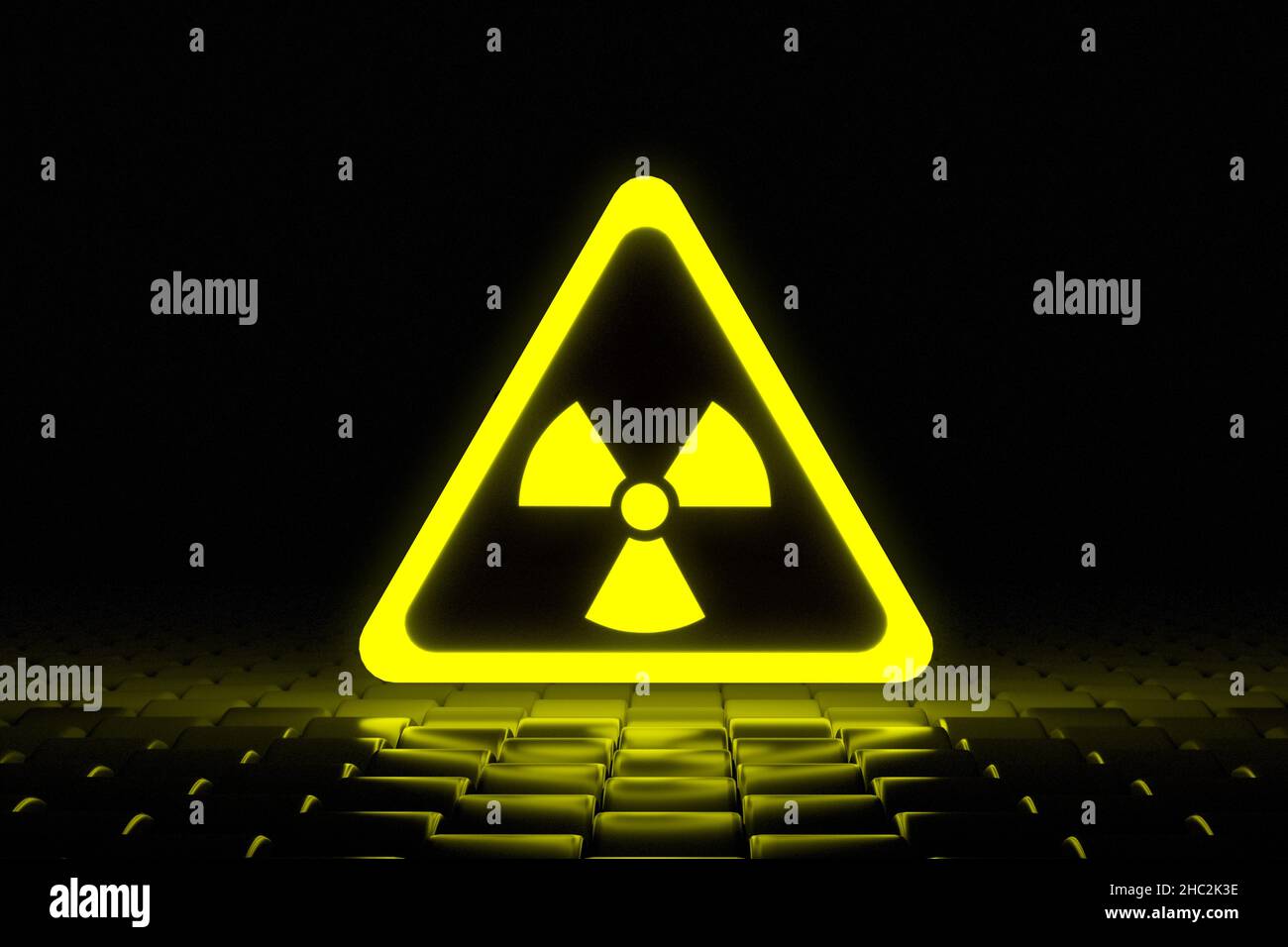 Glowing triangle sign of radioactive threat. Chemical industry