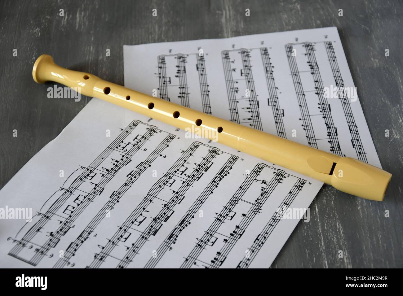 A pair of music sheets an a recorder for a music school class Stock Photo