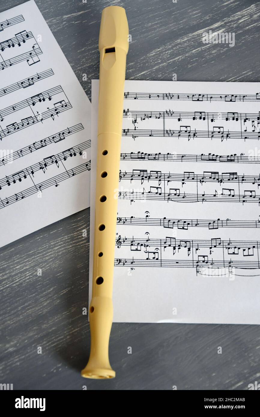 A pair of music sheets an a recorder for a music school class Stock Photo