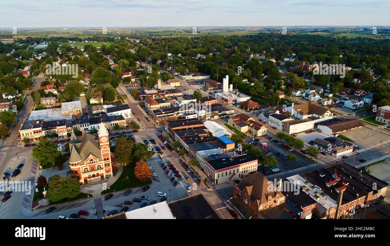 Aerial view at sunset of Historic 1844 Courthouse with clock tower in the center of the Monroe