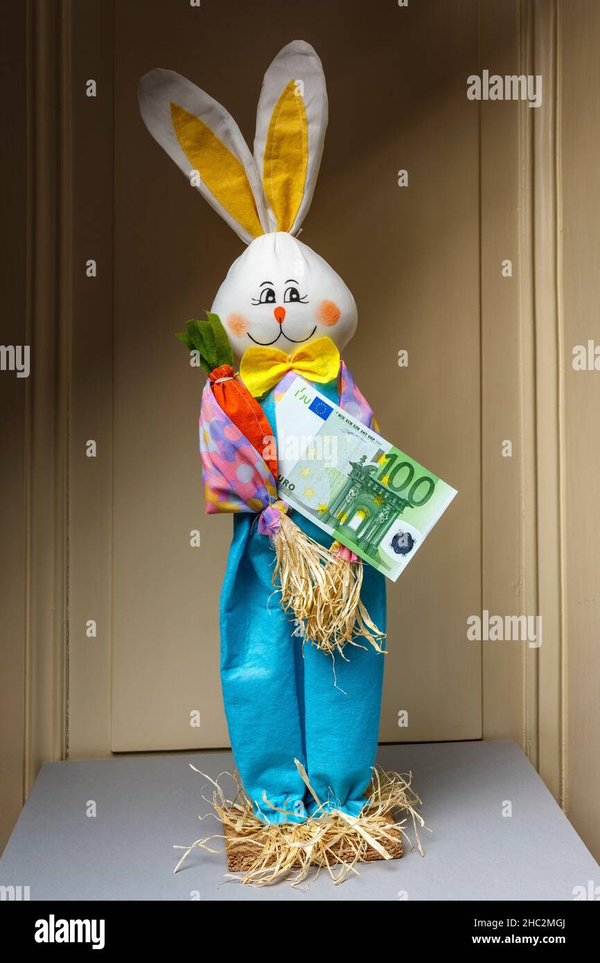 Stuffed happy rabbit holding one 100 Euro banknote, Stock Photo