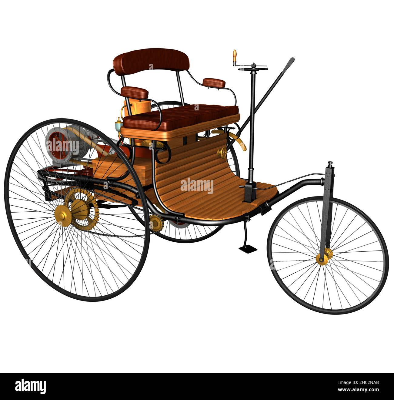 3D Rendering of the first recognized automobile with an internal combustion engine, designed and manufactured by Karl Friedrich B. in 1885. Stock Photo