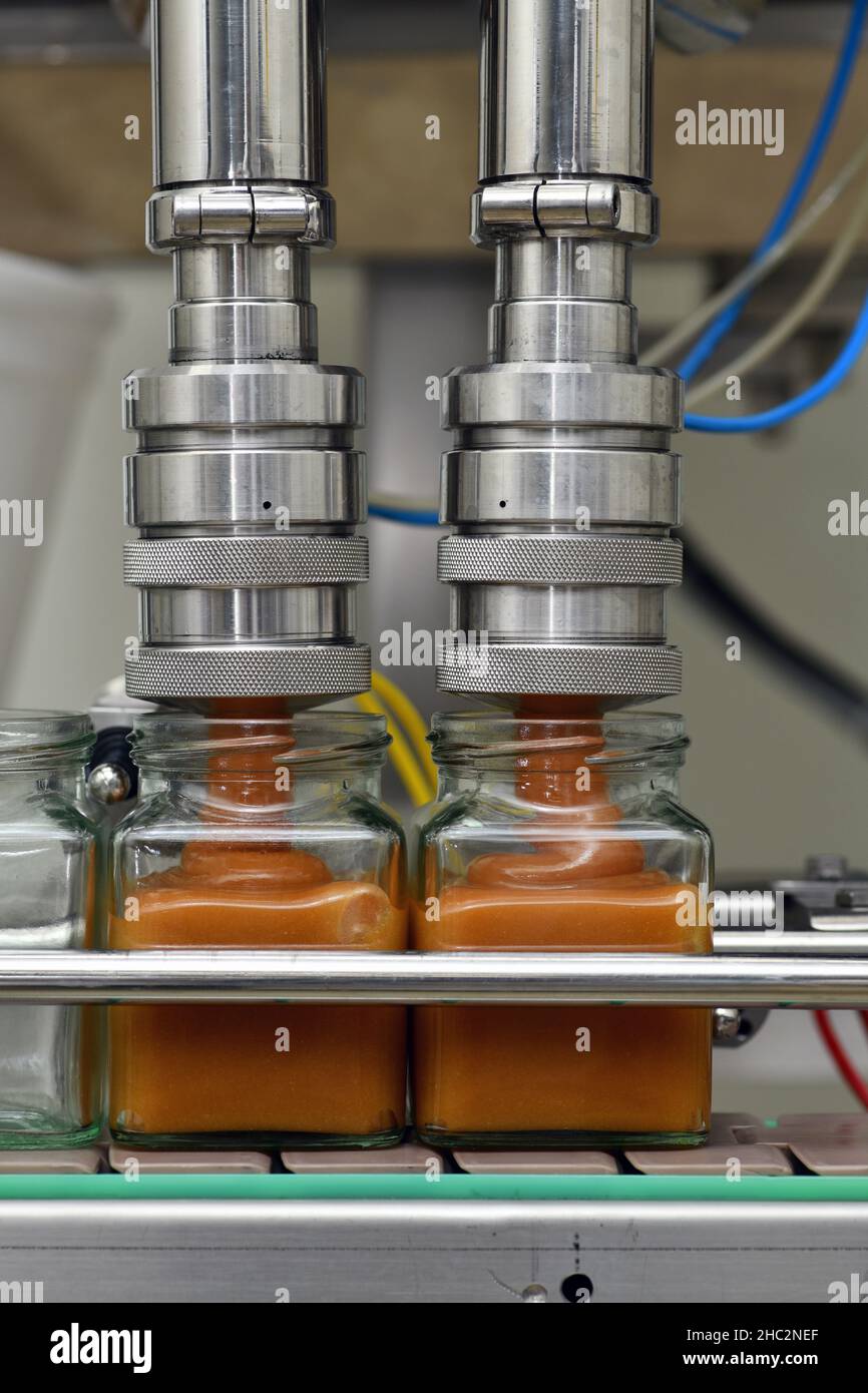Jars of creamed honey being filled in a packaging line at a commercial