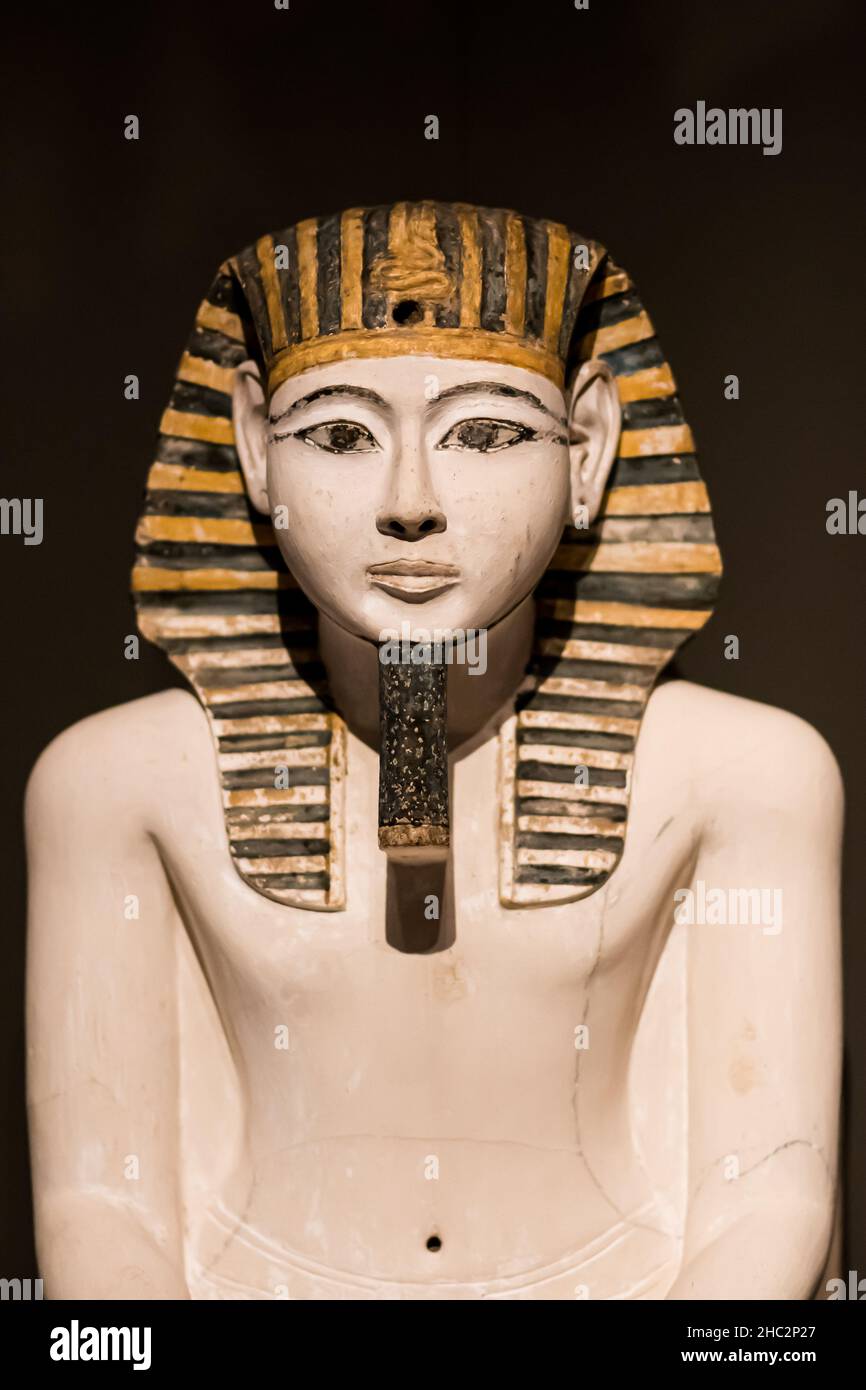 Egyptian Museum, Turin, Italy, Cult statue of Amenhotep I, stone, limestone, New Kingdom, Nineteenth Dynasty, Ramesside period, vertical Stock Photo