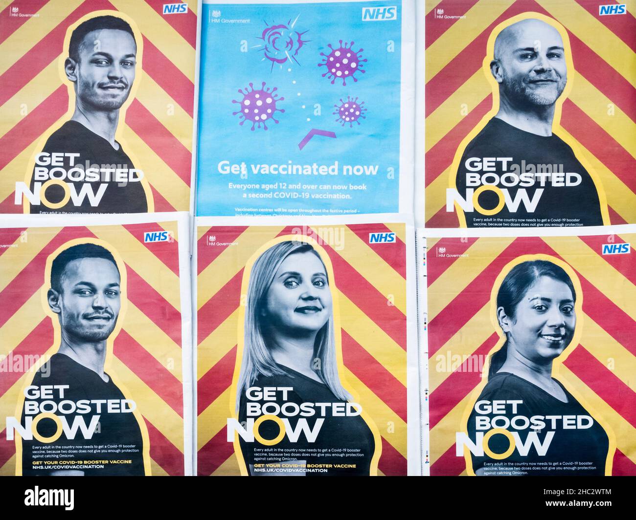 A selection of government adverts prompting people to get COVID vaccinations & booster injections. Stock Photo
