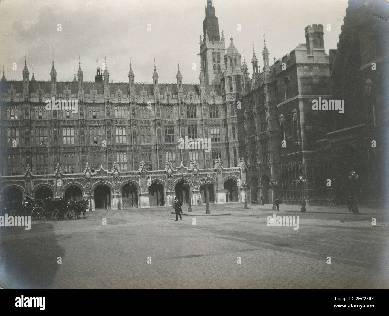 Antique c1900 photograph, Palace of Westminster and Westminster Hall from New Palace Yard in London, England. SOURCE: ORIGINAL PHOTOGRAPHIC PRINT Stock Photo