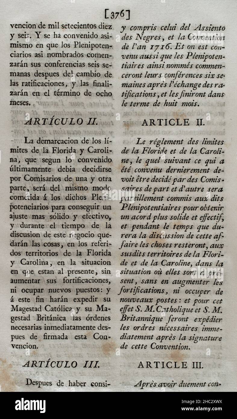 'Convention of Pardo'. Treaty between King Philip V of Spain and King George III of Great Britain, to settle claims for damages caused in the searches of British ships and other pending claims between both countries. Signed at the Royal Site of El Pardo on 14 January 1739. Article II (on the demarcation of the Florida and Carolina territories). Collection of the Treaties of Peace, Alliance, Commerce adjusted by the Crown of Spain with the Foreign Powers (Colección de los Tratados de Paz, Alianza, Comercio ajustados por la Corona de España con las Potencias Extranjeras).  Volume II. Madrid, 180 Stock Photo