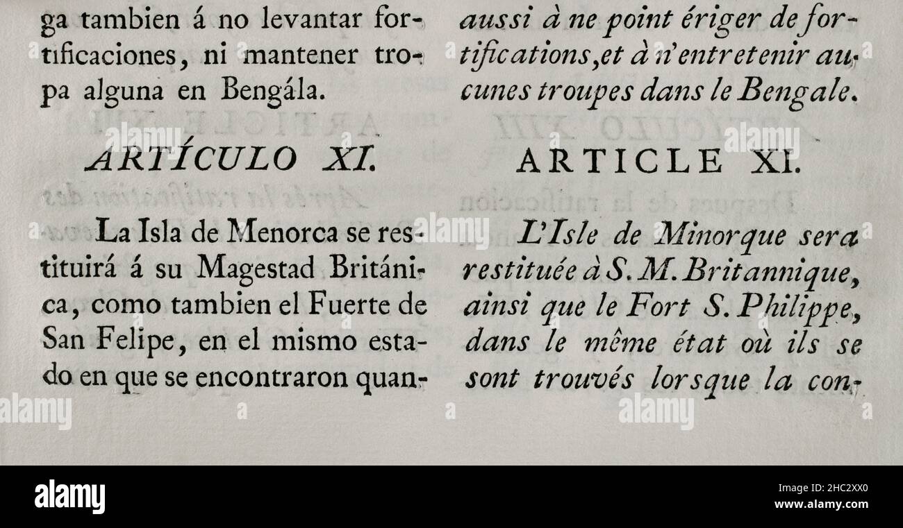 Preliminary articles of the Treaty concluded at Fontainebleau on 3 November 1762 between the kingdoms of France and Spain. France ceded to Spain the historic North American territory of Louisiana, one of the administrative divisions of New France (the area colonised by France in North America). Article XI (on the restitution by France to Great Britain of the island of Minorca and the Fort St. Philip). Collection of the Treaties of Peace, Alliance, Commerce adjusted by the Crown of Spain with the Foreign Powers (Colección de los Tratados de Paz, Alianza, Comercio ajustados por la Corona de Espa Stock Photo