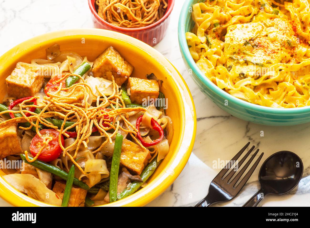 Hangover Noodles, and Northern Thai Curry Niidles. Stock Photo