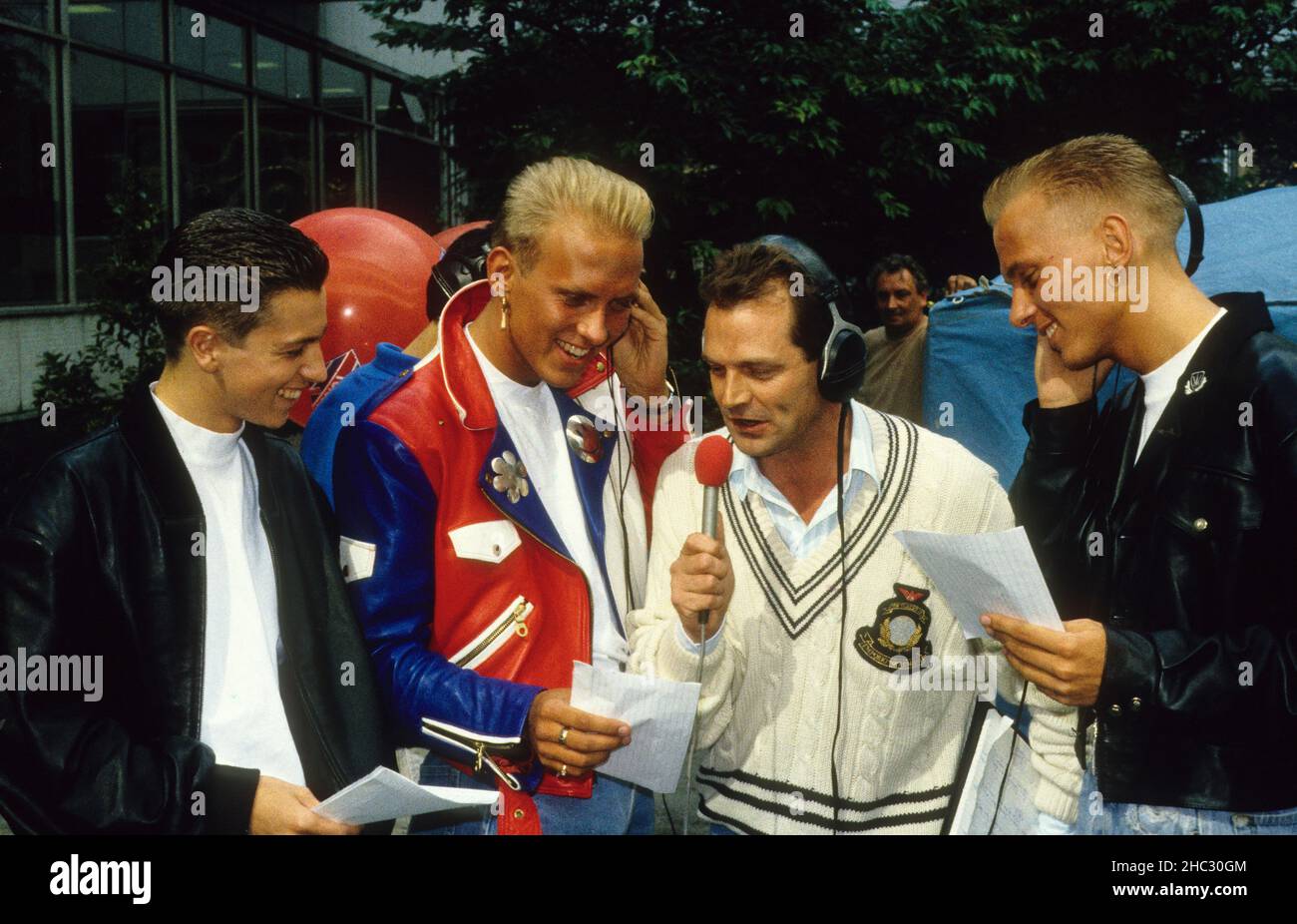 Bros twins Matt and Luke Goss with DJ Peter Powell at BBC Pebble Mill Stock Photo