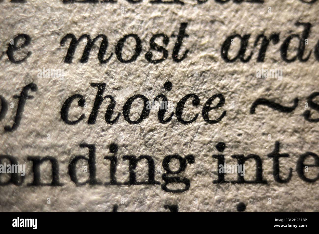 Word 'choice' printed on book page, macro close-up Stock Photo
