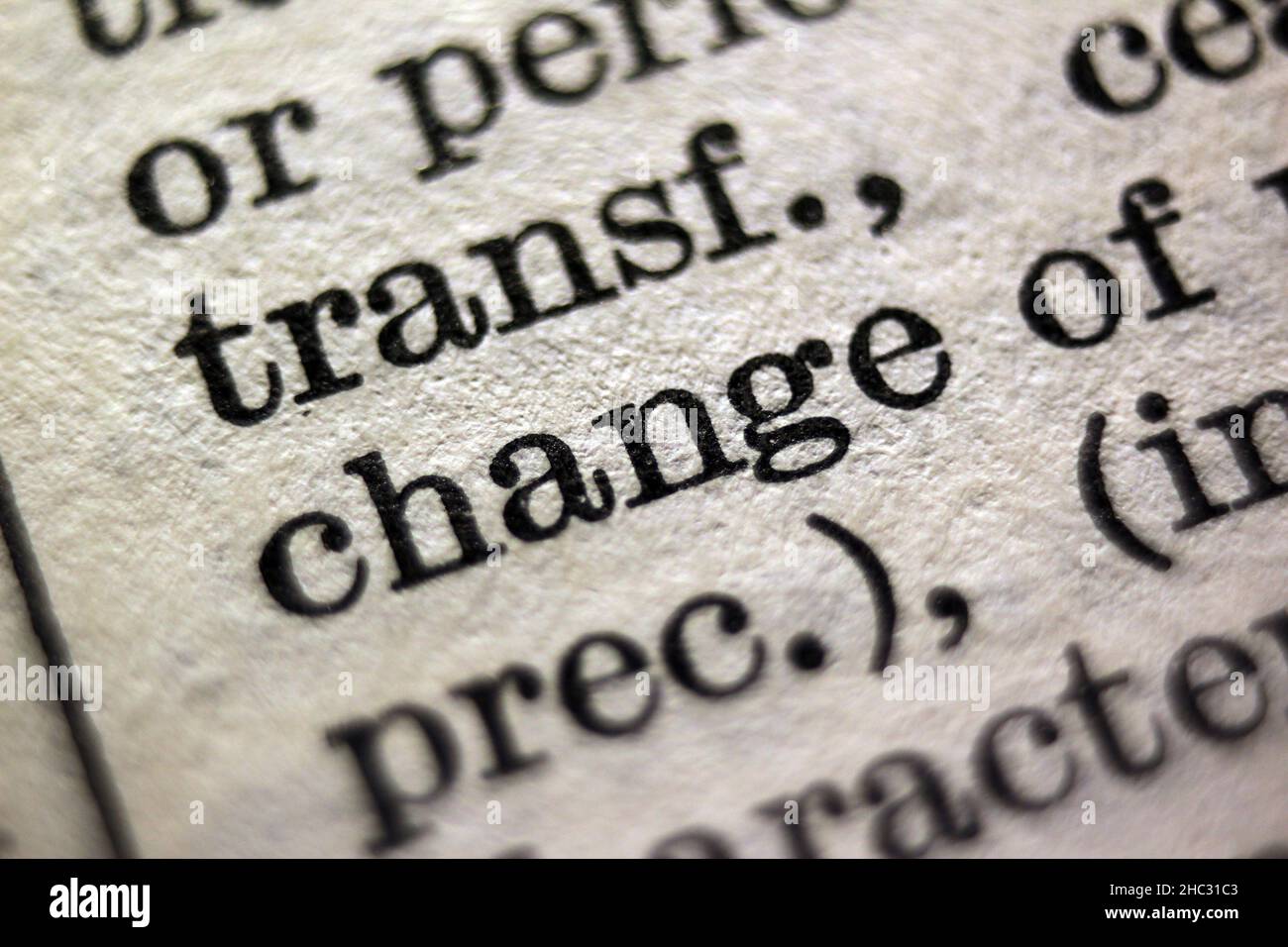 Word 'change' printed on dictionary page, macro close-up Stock Photo