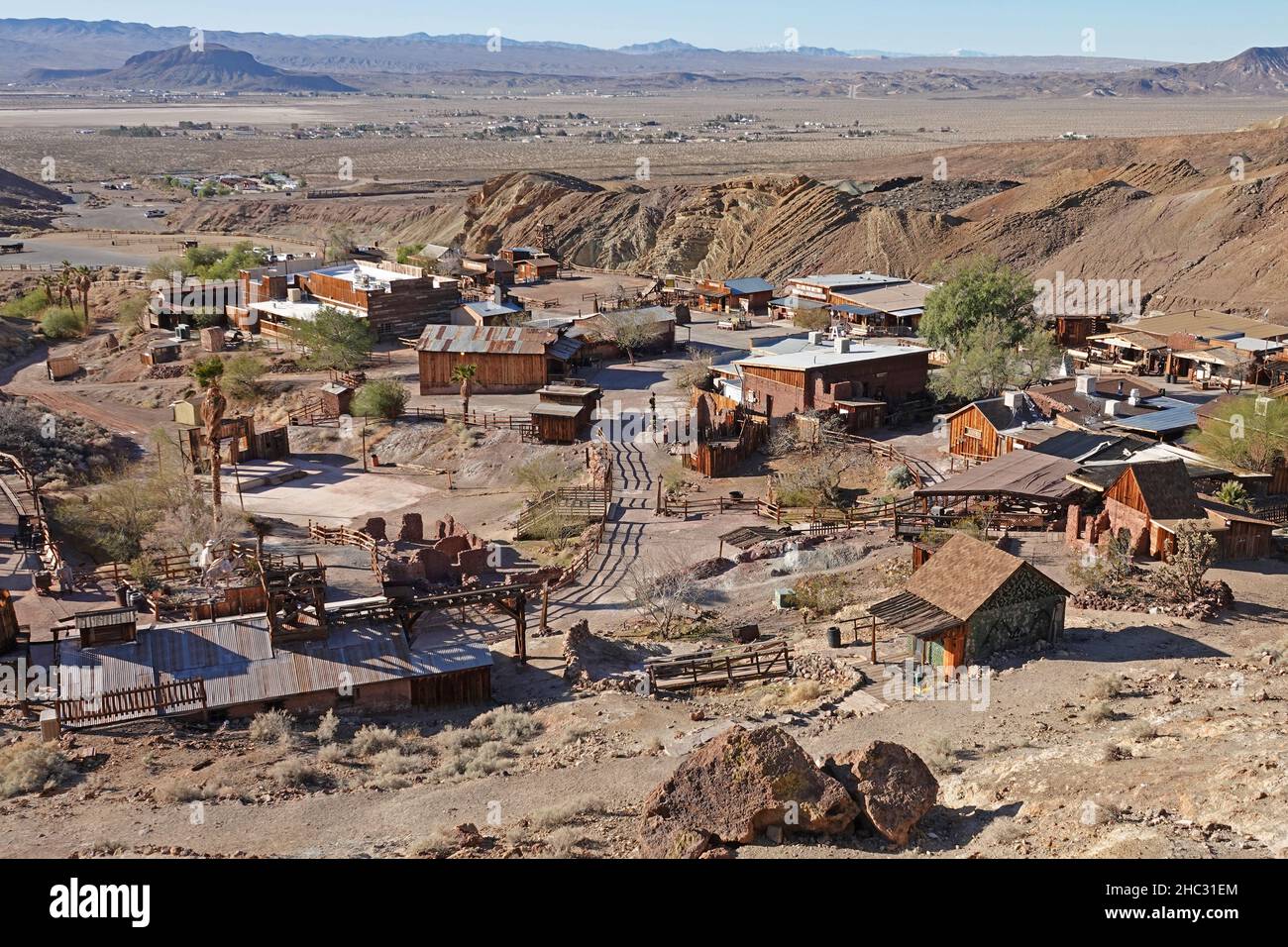 Calico, California / USA - Jan. 11, 2020: The historic, rugged silver mining ghost town in the Mojave Desert is shown from an elevated view. Stock Photo