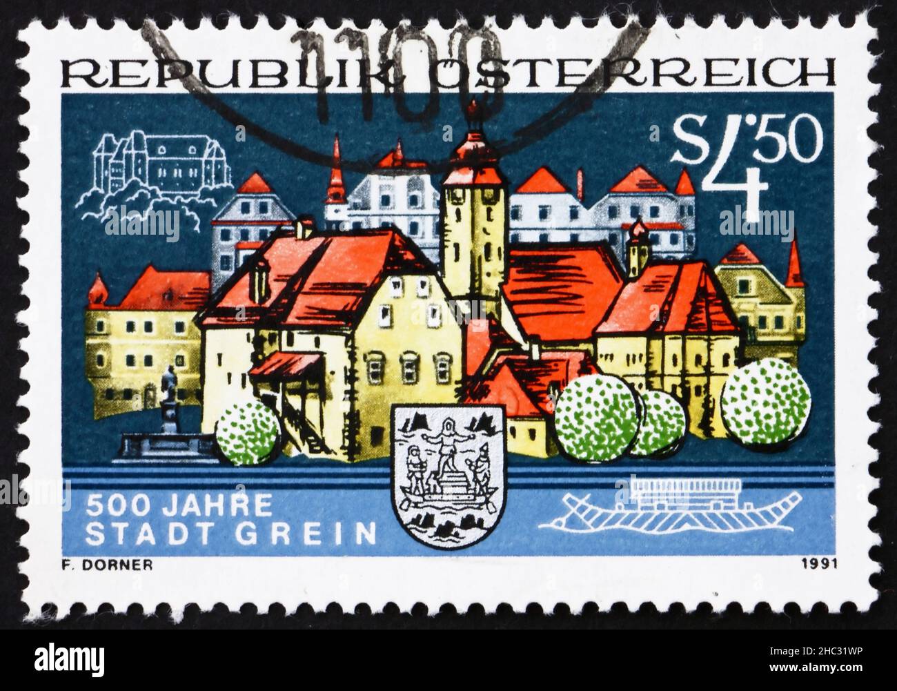 AUSTRIA - CIRCA 1991: a stamp printed in the Austria shows City of Grein, 500th Anniversary, circa 1991 Stock Photo