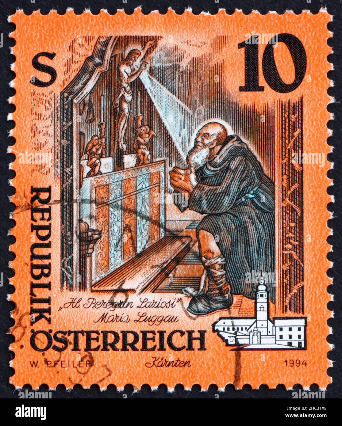 AUSTRIA - CIRCA 1994: a stamp printed in the Austria shows Altarpiece, St. Peregrinus Praying, Maria Luggau Monastery, Karnten, circa 1994 Stock Photo