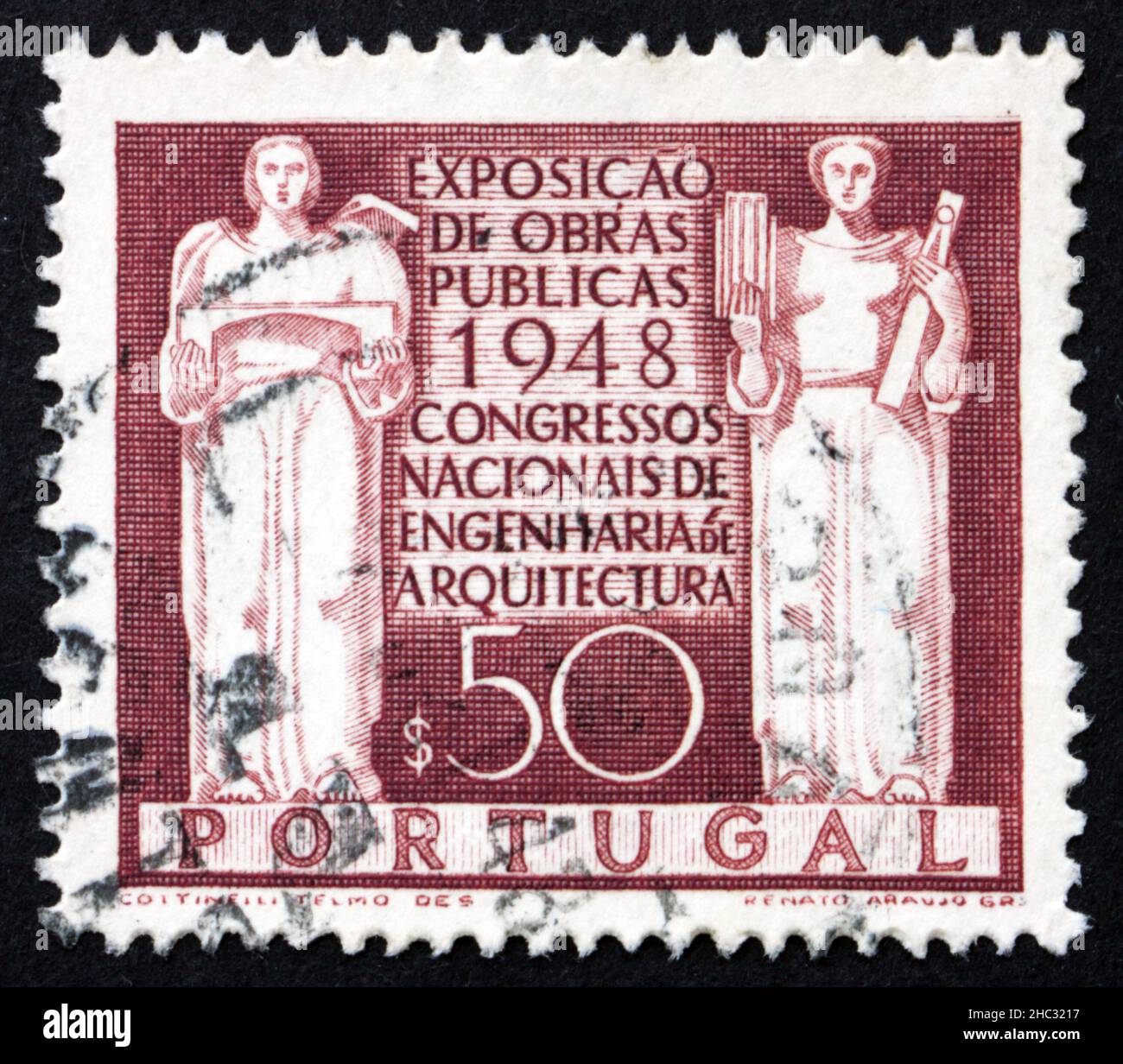 PORTUGAL - CIRCA 1948: a stamp printed in the Portugal shows Architecture and Engineering, Exposition of Public Works and National Congress of Enginee Stock Photo