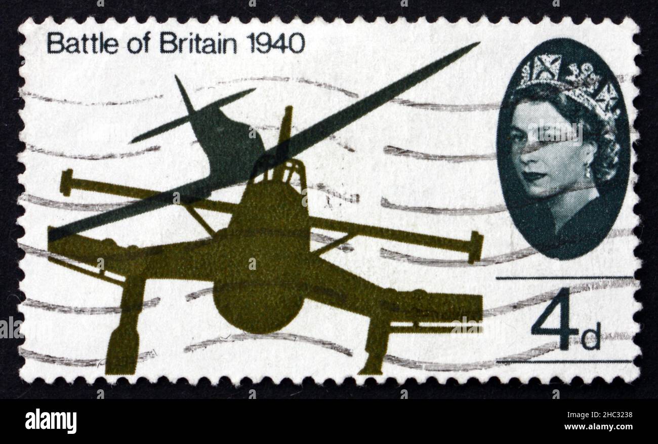 GREAT BRITAIN - CIRCA 1965: a stamp printed in the Great Britain shows Wing tips of Messerschmitt ME-109 and Spitfire, 25th anniversary of the Battle Stock Photo