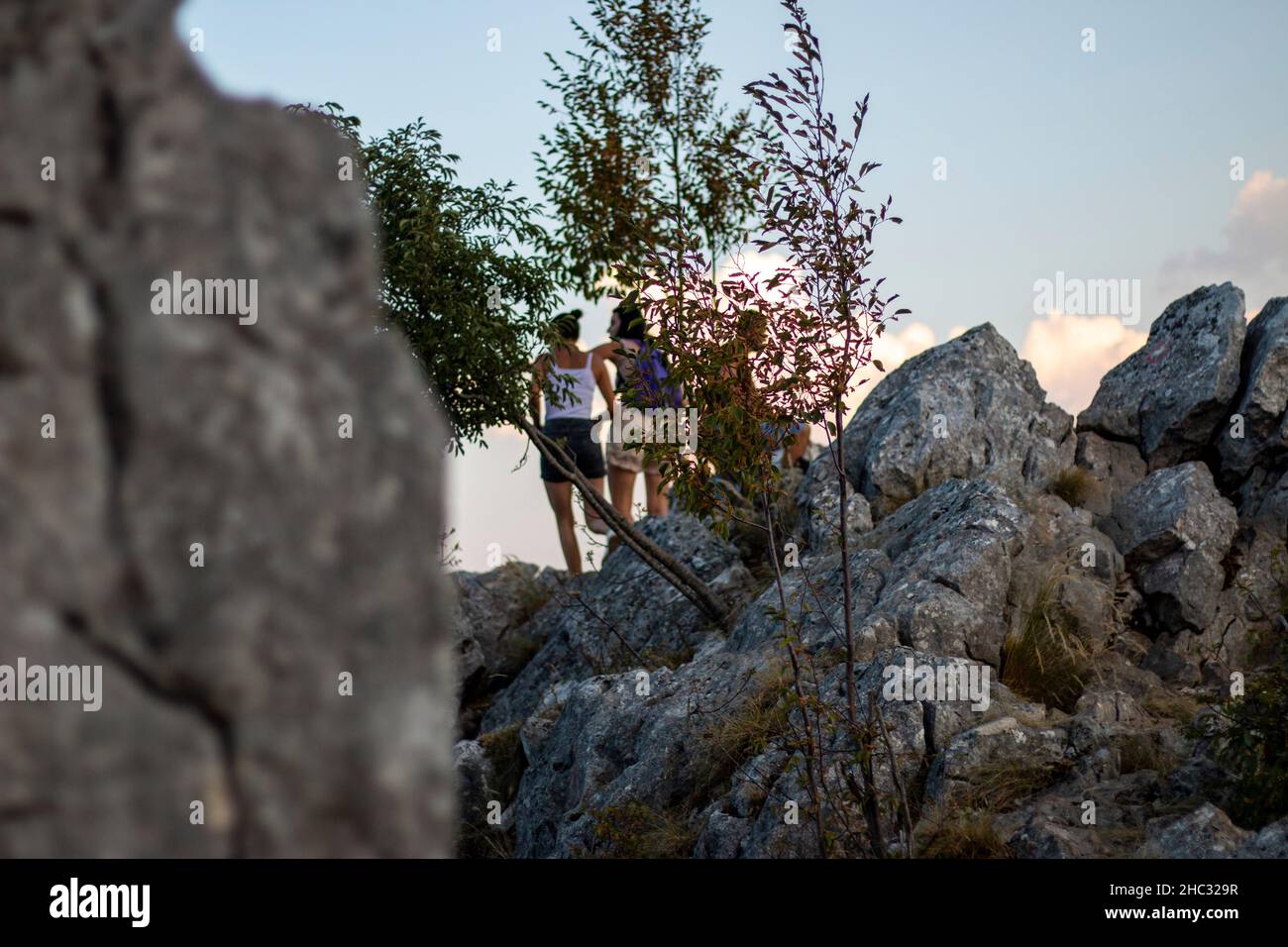 hikers get to the top of hill Stock Photo - Alamy