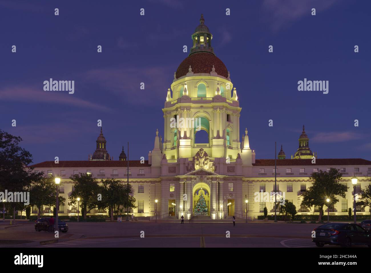 Pasadena City Hall in Los Angeles County shown illuminated and