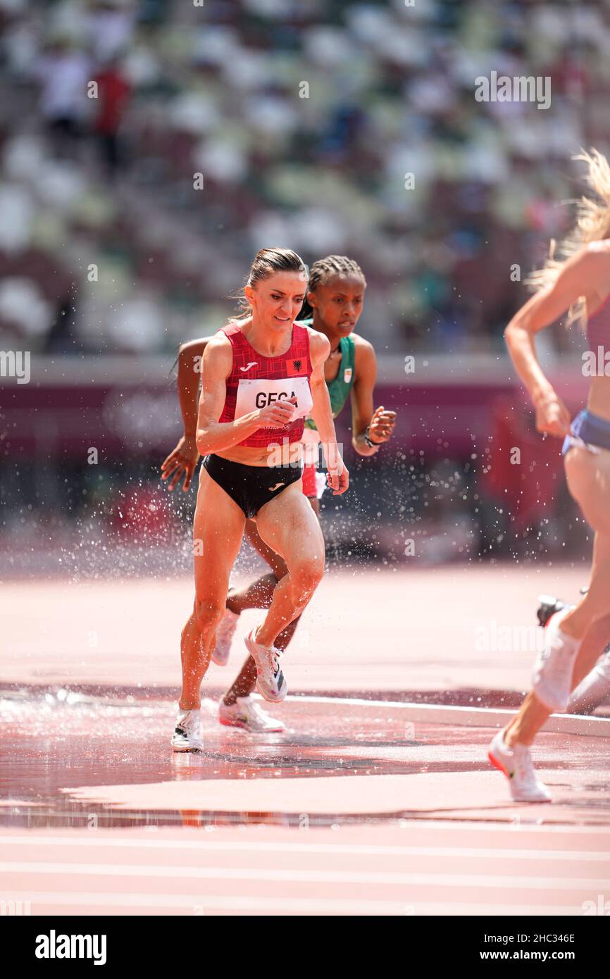 Luiza Gega participating in the 3000 meters steeplechase at the 2020 Tokyo Olympics. Stock Photo