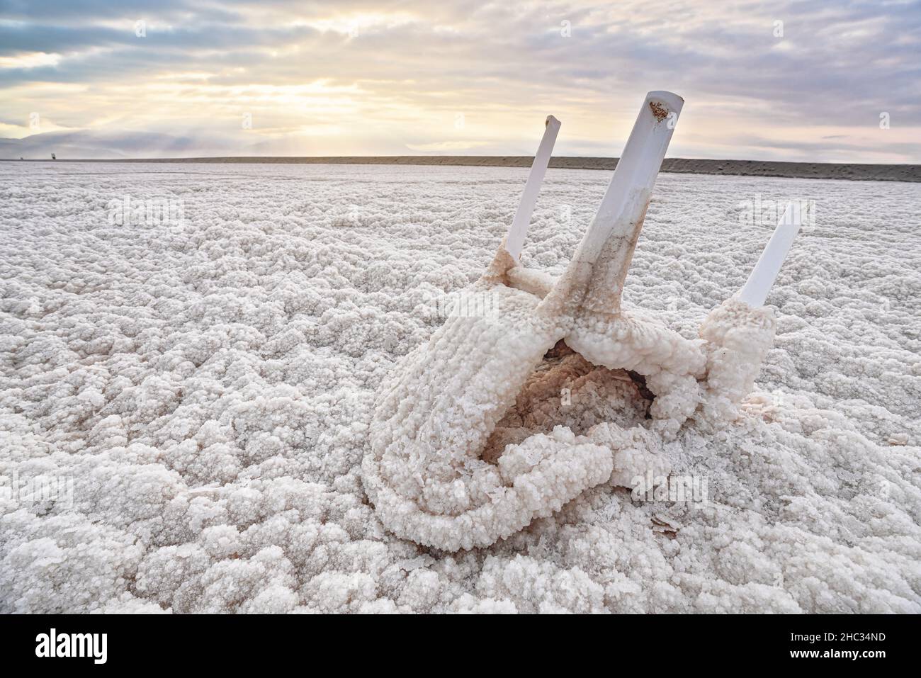 Small plastic chair completely covered with crystalline salt on shore of dead sea, closeup detail Stock Photo