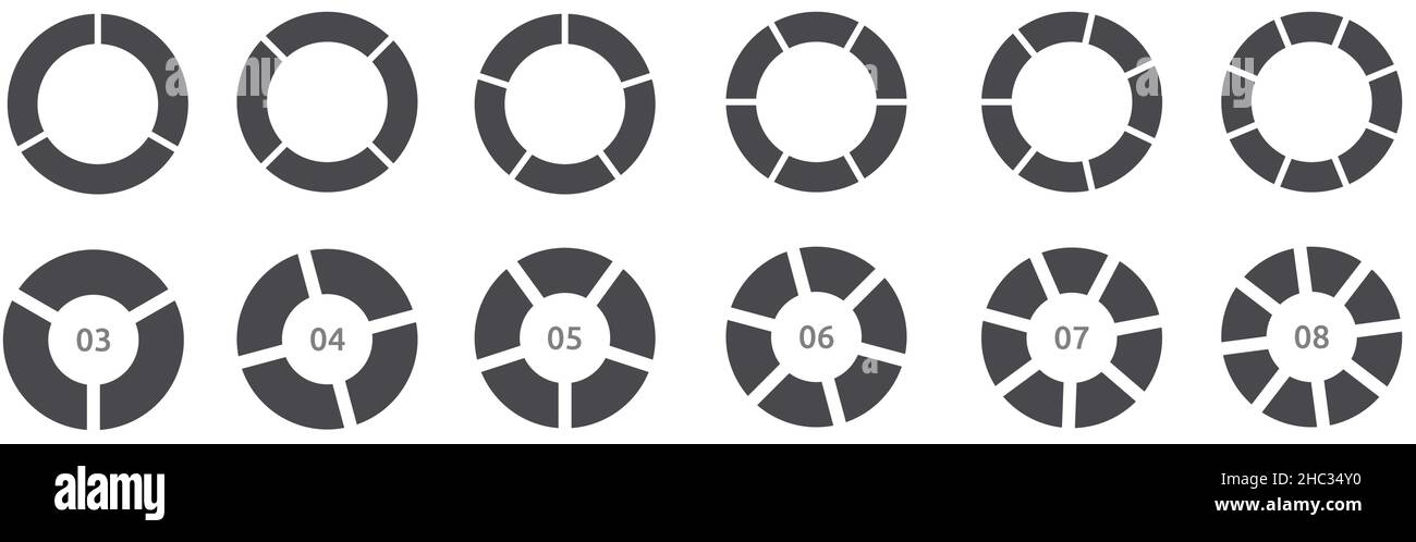 Circle divided into equal parts, multiple versions with three to eight separations Stock Vector