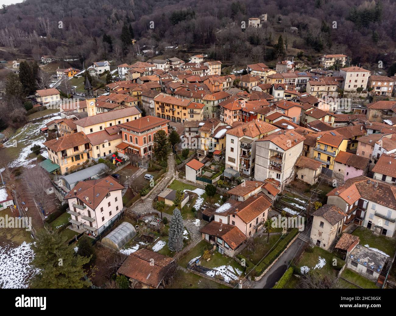 Aerial view of small Italian village Bedero Valcuvia at winter season, situated in province of Varese, Lombardy, Italy Stock Photo
